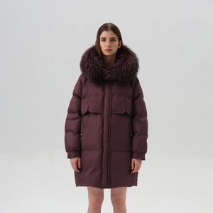 Women's Plum Puffer Coat with Faux Fur Hood